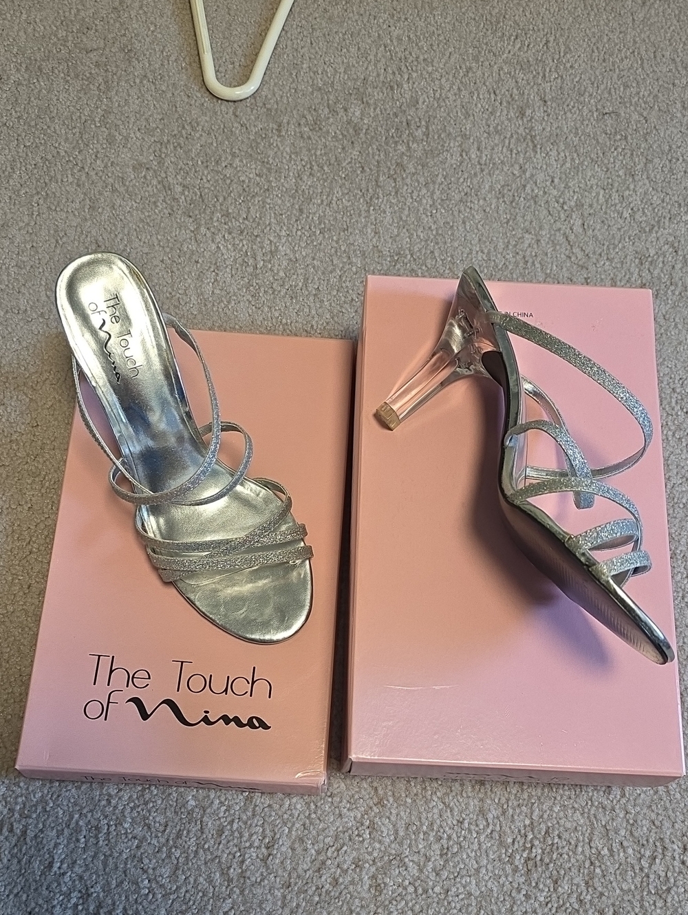Touch of Nina Silver Glitter Strappy Clear Heel Sandals